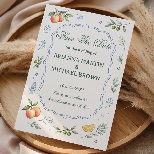 Medelhavsinspirerad Blommig Citrus Bröllopsförvarn Spara Datumet (Skapare uppladdad)