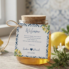 Medelhavsinspirerad lemon blå kakel bröllopspresen gåvor etiketter