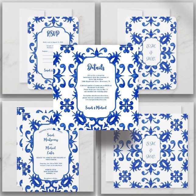 Medelhavsinspirerad portugisisk blå kakel detalj inbjudningar (Portuguese Tile Botanical Blue, Lisbon Azulejo Coastal Style, Indigo Blue Tile Art, Portuguese )
