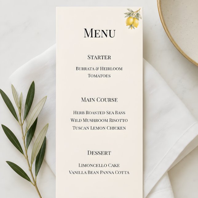 Medelhavsitaliensk lyx vid kusten meny (Mediterranean themed wedding reception menu card)