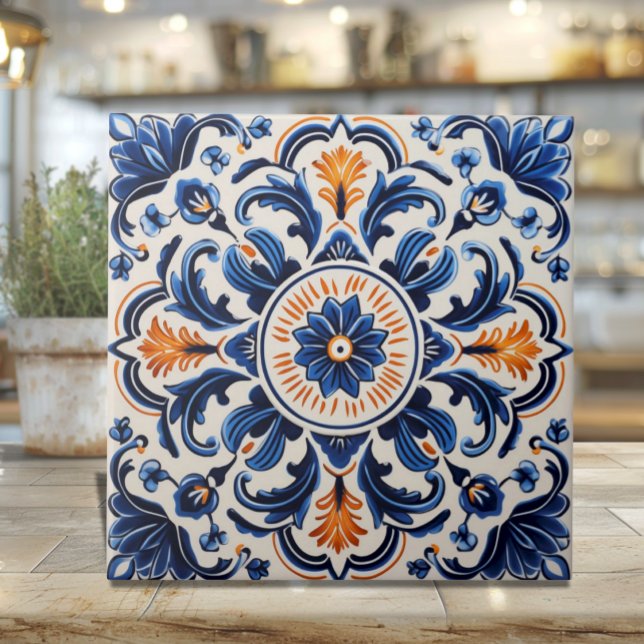 Medelhavskeramikkakel med Blått och Orange Kakelplatta (Mediterranean Pottery Style Ceramic Tile - Sicilian heritage)