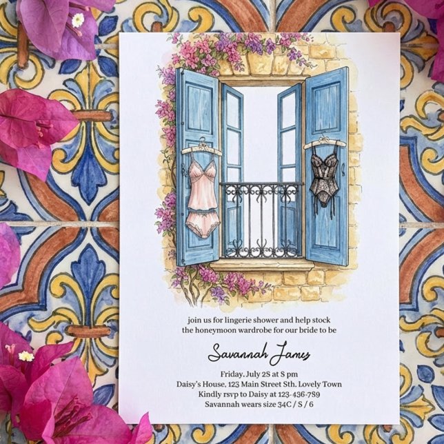 Medelhavskusten Linne Badinbjudan Inbjudningar (Mediterranean themed lingerie shower invitation, mamma mia style stock the drawer panty party invite)