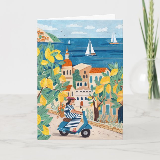 Medelhavskvinna Scooter Illustration Resa Kort (Framsida)