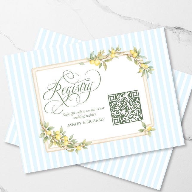 Medelhavslemon Bröllopslista QR-kod Tilläggskort (elegant personalized Mediterranean lemon coastal stripe wedding registry QR code enclosure card)