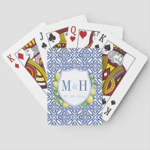 Medelhavslemonernas blå vita plattan Bröllop Logot Casinokort