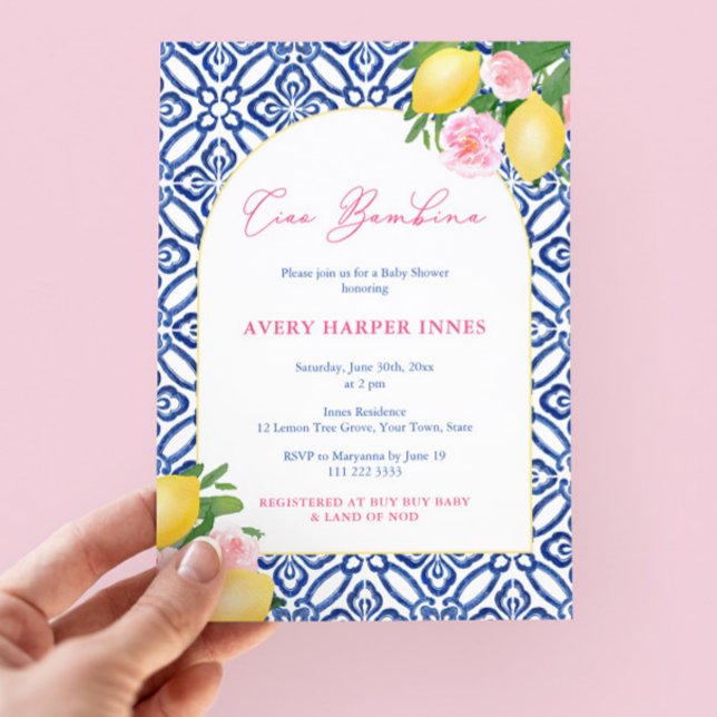 Medelhavslemonernas Rosa Baby Shower Inbjudningar (Ciao Bambina! Pretty blue and pink citrus inspired girl baby shower invitation with trendy arch)