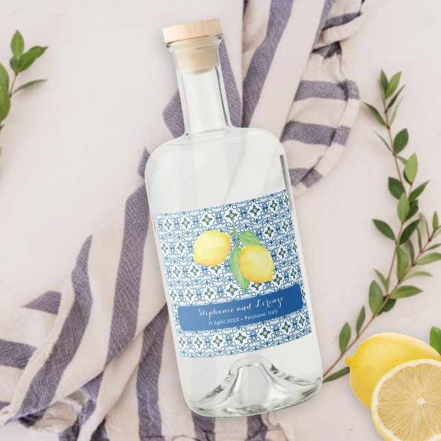 Medelhavsplattor Akvarell Citron Bröllopsgåva Spritflaskor Etikett (Skapare uppladdad)
