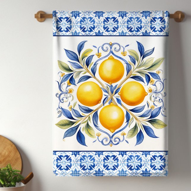 Medelhavsplattor Citron Kökshandduk (Beautiful Mediterranean tile and lemons kitchen towel. )