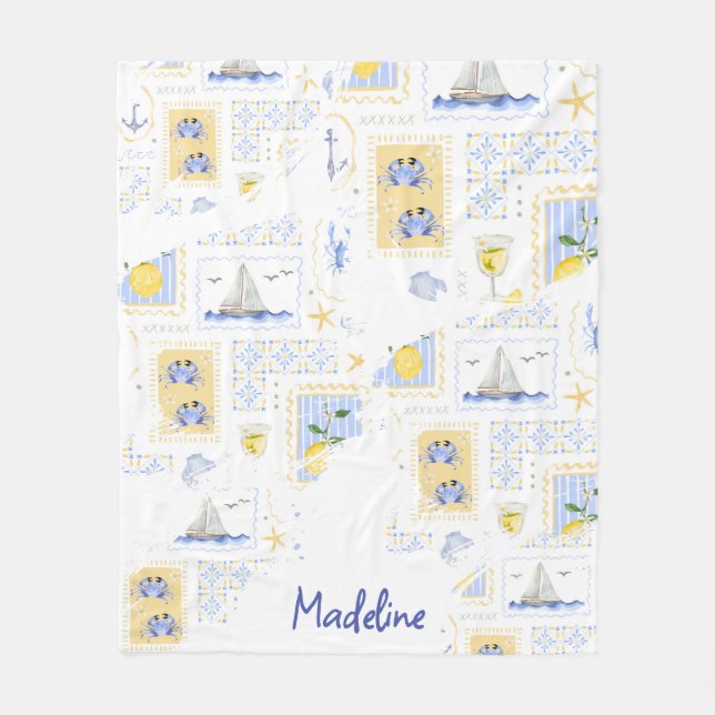 Medelhavsplattor Citron Kust Monogram Namn Fleecefilt (Framsidan)