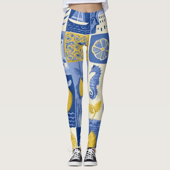Medelhavsplattor Citron Kustmönster Leggings (Framsida)