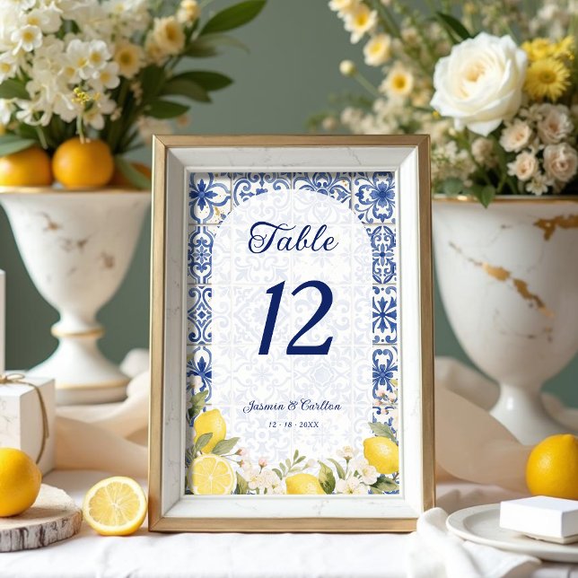 Medelhavsplattor & Citronkrans Bröllop TLW26 Bordsnummer (Mediterranean Tiles and Lemon Garland Table Numbers.)