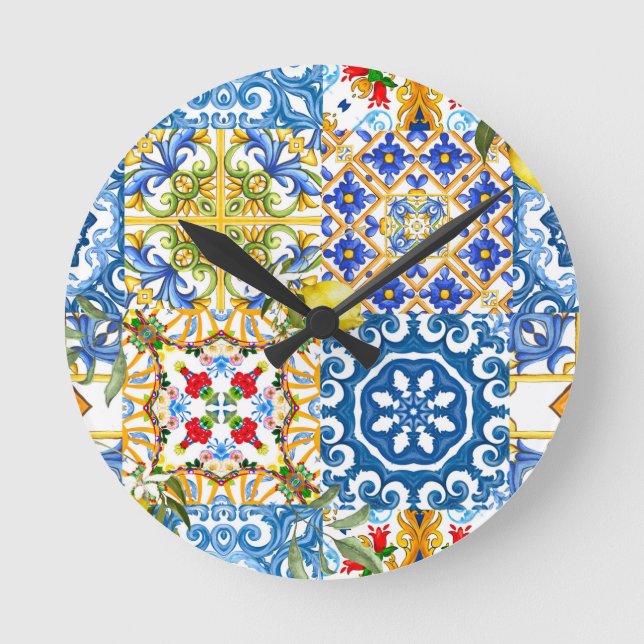 Medelhavsplattor, majolica,Sicilien stil Rund Klocka (Framsida)