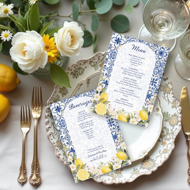 Medelhavsplattor och citronkrans  meny (Mediterranean Tiles and Lemon Garland Wedding Menu.)