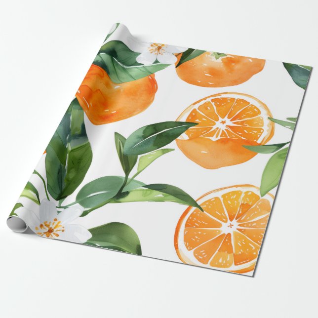 Medelhavsvattenfärg Citrus Apelsin Presentpapper (Utrullad)