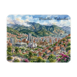 Medellin, Colombia Panoramautsikt Akvarellkonst Magnet
