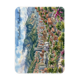 Medellin, Colombia Panoramautsikt Akvarellkonst Magnet