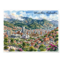 Medellin, Colombia Panoramautsikt Akvarellkonst