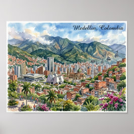 Medellin, Colombia Panoramautsikt Akvarellkonst Poster