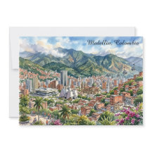 Medellin, Colombia Panoramautsikt Vattenfärgskonst