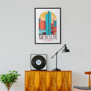 Medellin Colombia Vintage Cityscape Poster