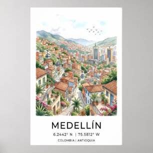 Medellin Resa Konsttryck Boho Akvarell Stad Poster