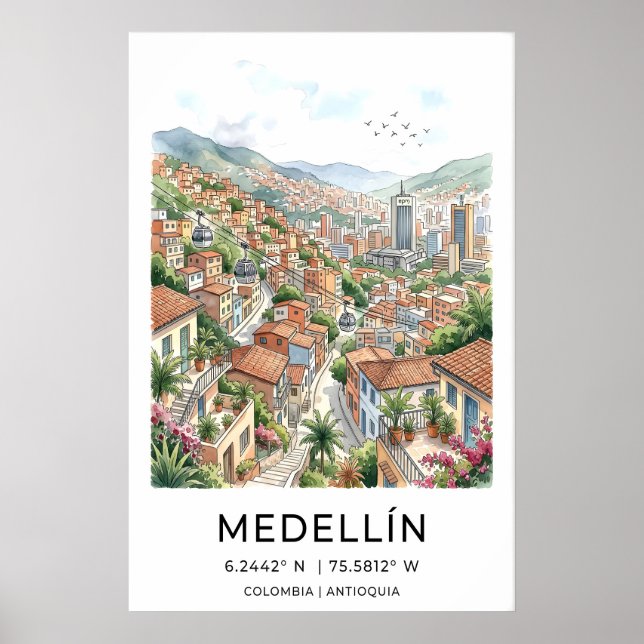 Medellin Resa Konsttryck Boho Akvarell Stad Poster (Framsidan)