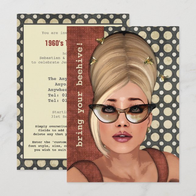 Medelstor inbjudan till Belinda Beehive Retro Chic (Fram/baksida)