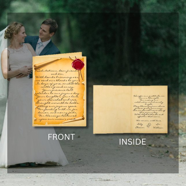 Medeltida åldrad rullvaxsigill Bröllop Tack Kort (Medieval Aged Scroll Wax Seal Wedding Folded Thank You Card)