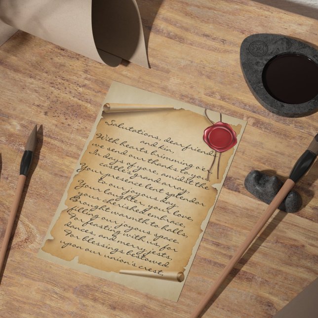 Medeltida Åldrande Rullvaxsigill Bröllop Tack Vykort (Medieval Aged Scroll Wax Seal Wedding Thank You Postcard)