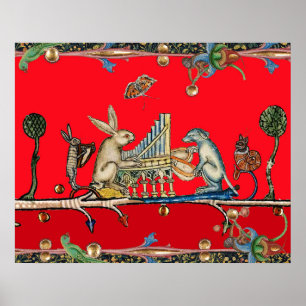 MEDELTIDA BESTIARIUM GJORT MUSIK,Kanin,Hund,Röd Poster