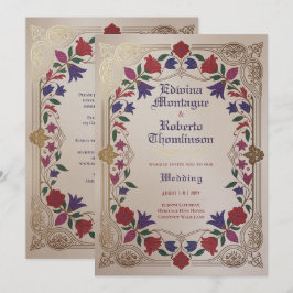 Medeltida blommande bröllop i lila, rött och guld inbjudningar