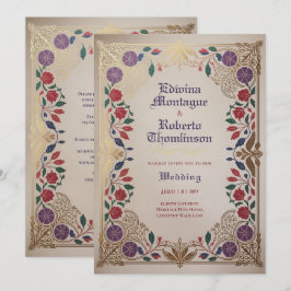 Medeltida blommande bröllop lila röd guld inbjudningar