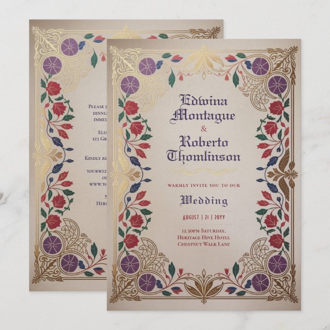 Medeltida blommande bröllop lila röd guld inbjudningar (Fram/baksida)