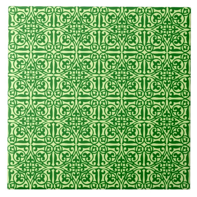 Medeltida Damask Fleur-de-lis, mörk tallgrön Kakelplatta (Framsidan)