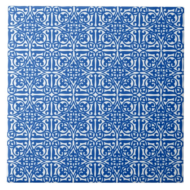 Medeltida damast Fleur-de-lis, koboltblått Kakelplatta (Framsidan)