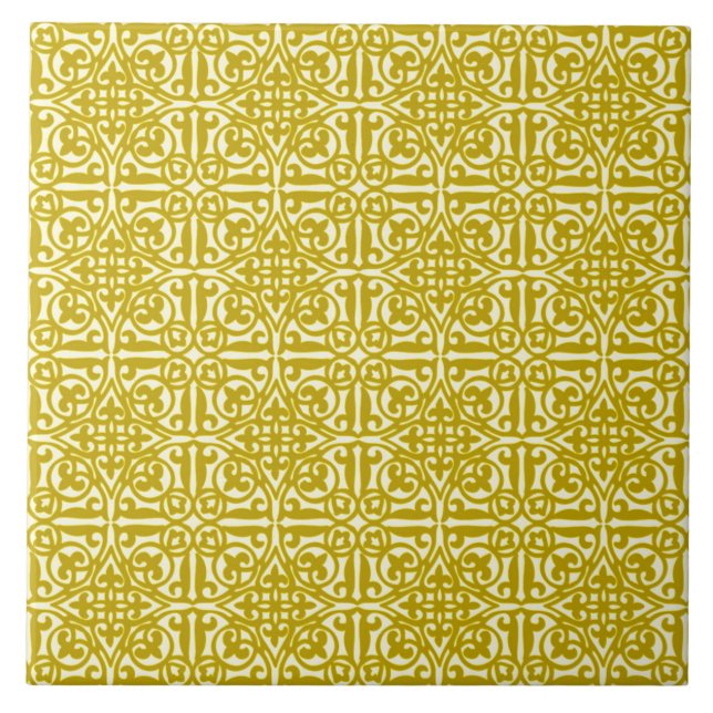 Medeltida damast Fleur-de-lis, senapsgultt guld Kakelplatta (Framsidan)