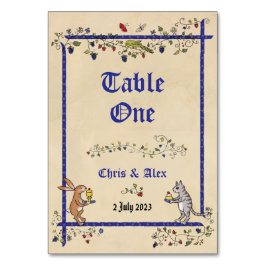 Medeltida djur bordsnummerkort med parets namn bordsnummer