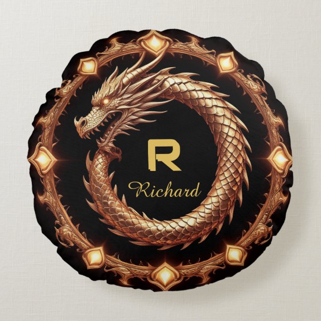 🐉 Medeltida Drak-Kam Emblem Namn Ring Ram 🐉 Rund Kudde (Framsidan)