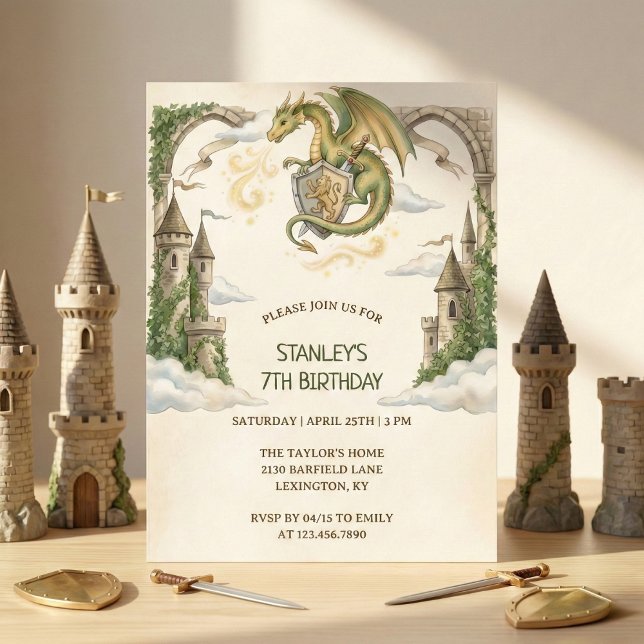 Medeltida Drak Slott Födelsedagsfest Inbjudningar (Medieval Dragon Castle Birthday Party Invitation)