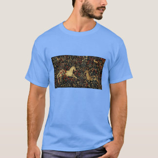 Medeltida enhörning midnatt blommig gobeläng vinta t shirt