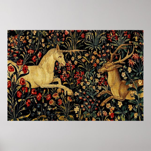 Medeltida enhörning midnatt blommig trädgårdstapet poster (Framsidan)