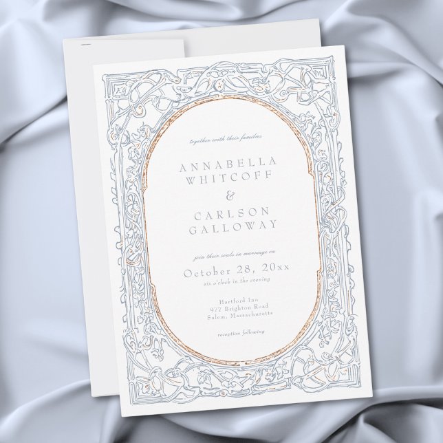 Medeltida Fantasy Blå & Guld Etsning Bröllop Inbjudningar (Medieval Fantasy Blue & Gold Etching Wedding Invitation)