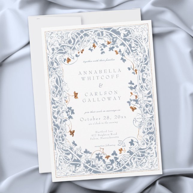 Medeltida Fantasy Ram Blå & Guld Etsning Bröllop Inbjudningar (Medieval Fantasy Frame Blue & Gold Etching Wedding Invitation)