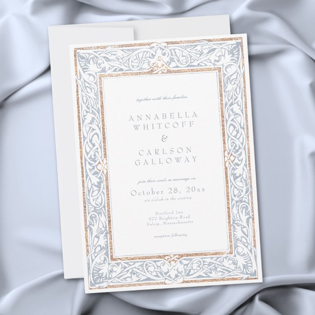 Medeltida Fantasy Ram Blå & Guld Etsning Bröllop Inbjudningar (Medieval Fantasy Frame Blue & Gold Etching Wedding Invitation)