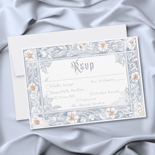Medeltida Fantasy Ram Blå Guld Etsning Bröllop OSA Kort (Medieval Fantasy Frame Blue Gold Etching Wedding RSVP Card)
