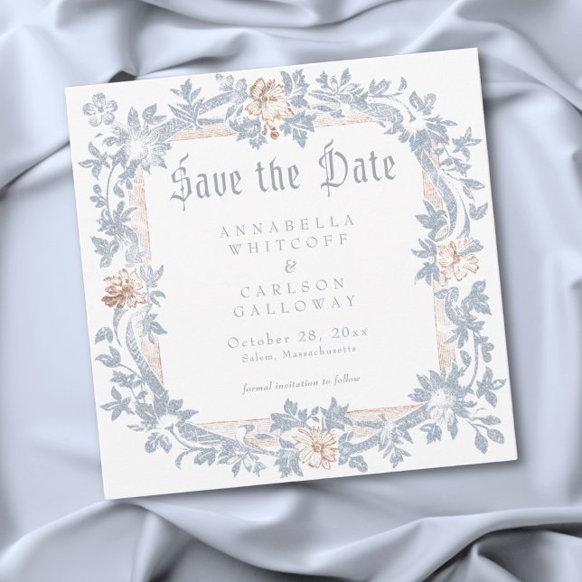 Medeltida Fantasy Ram Blå Guld Etsning Bröllop Spara Datumet (Medieval Fantasy Frame Blue Gold Etching Wedding Save The Date)