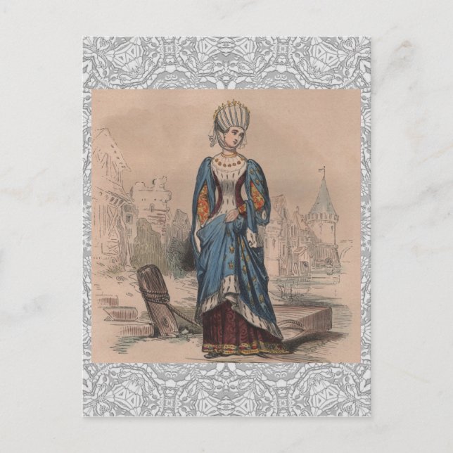 Medeltida fransk mode ädel damkostym spets vykort (Framsida)