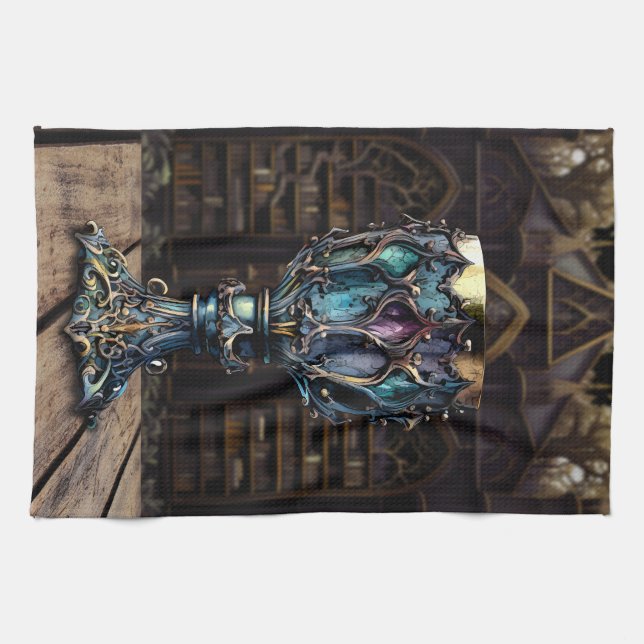 medeltida gotisk Lila Blue Goblet Castle Bibliotek Kökshandduk (Horisontell)