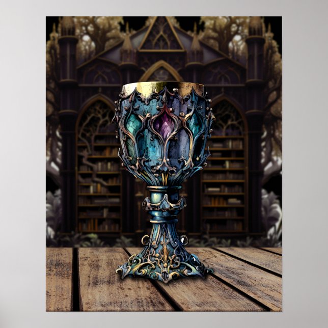 medeltida gotisk Lila Blue Goblet Castle Bibliotek Poster (Framsidan)