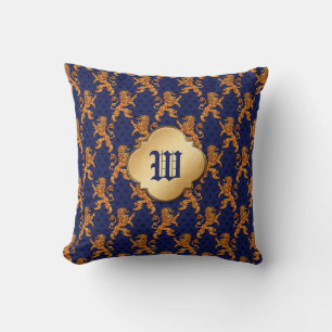 Medeltida guld- lejona blått Fleur de Lis Kudde